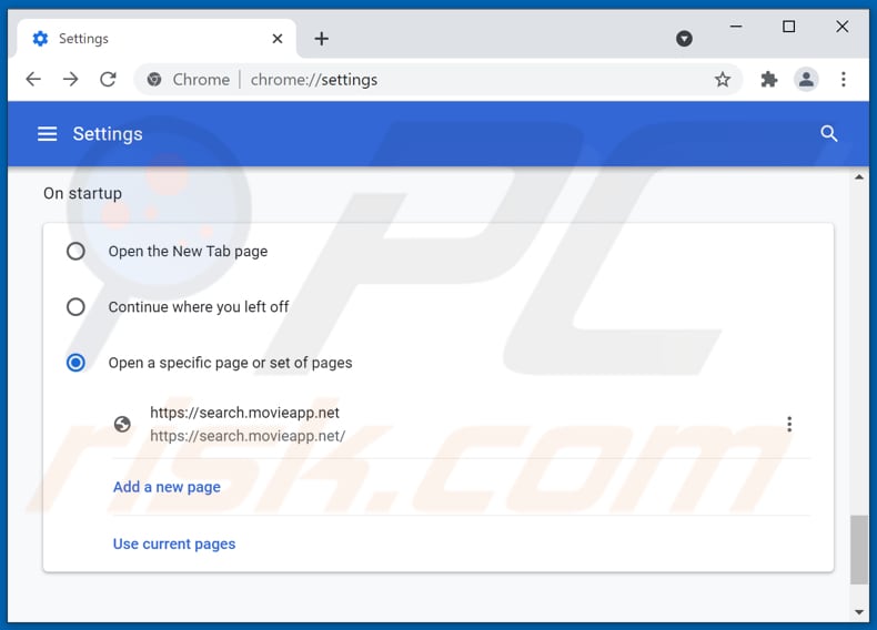 Removing movieapp.net from Google Chrome homepage