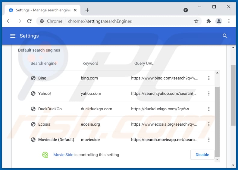 Removing movieapp.net from Google Chrome default search engine