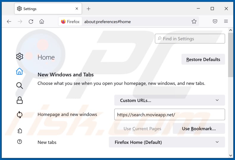 Removing movieapp.net from Mozilla Firefox homepage