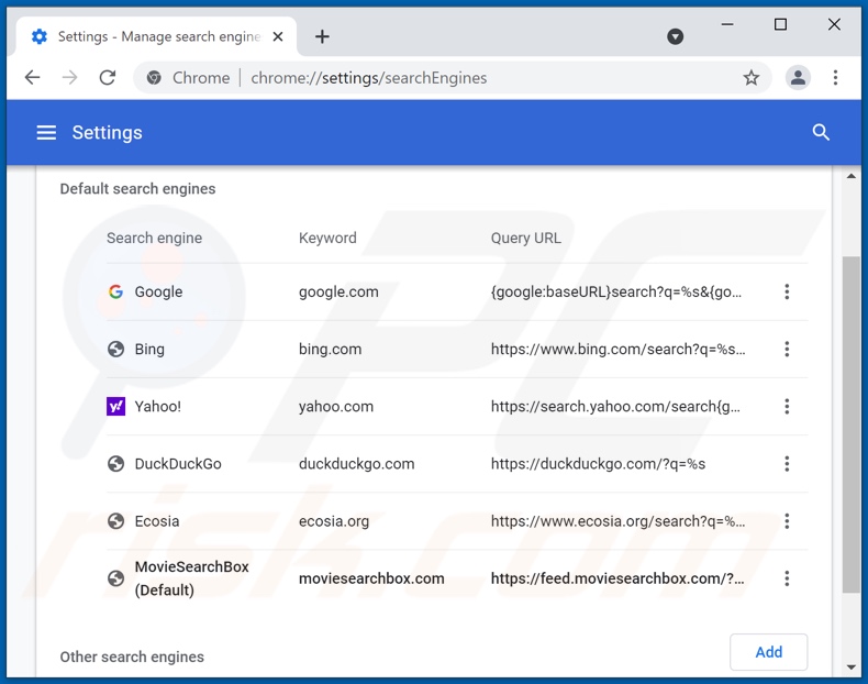 Removing moviesearchbox.com from Google Chrome default search engine
