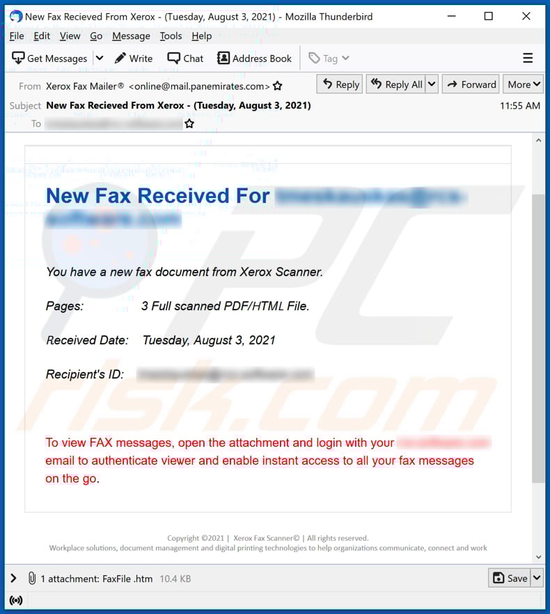 New Fax Received email scam email spam campaign