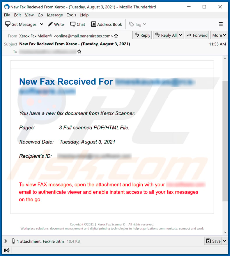 New Fax Received email scam email spam campaign