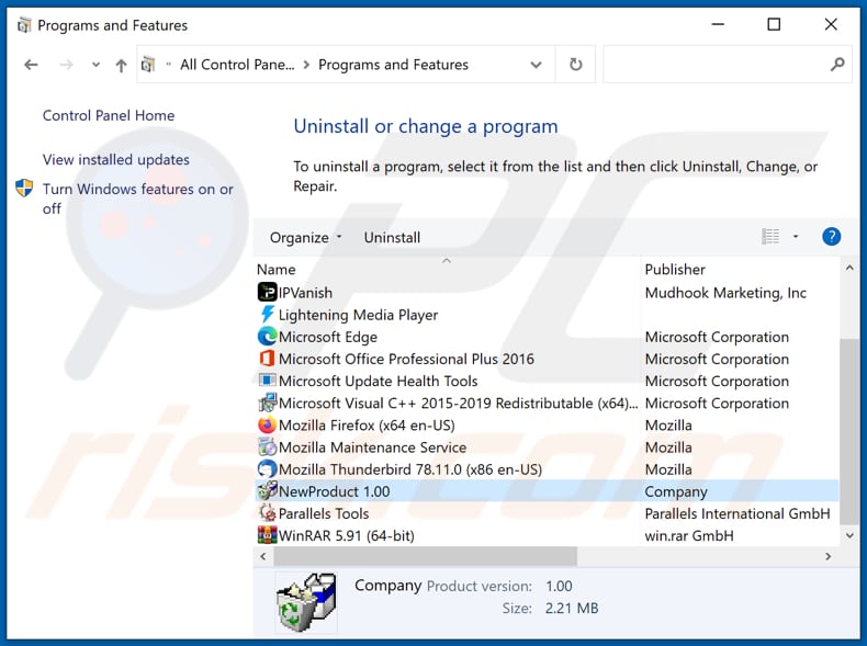 NewProduct adware uninstall via Control Panel