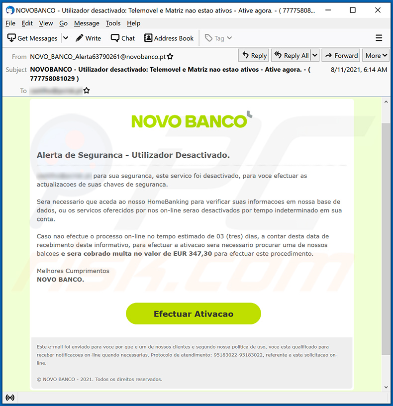 Novo Banco-themed spam email (2021-08-13)
