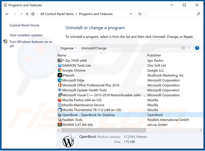 OpenBook adware uninstall via Control Panel