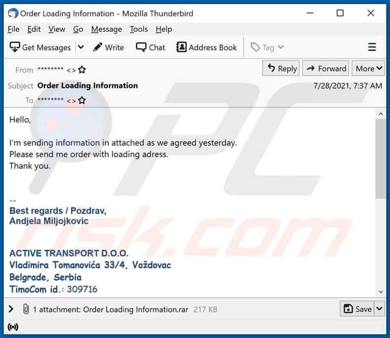 Order Loading Information malspam email