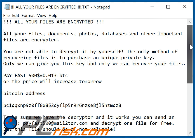 Payfast ransomware text file GIF (!!! ALL YOUR FILES ARE ENCRYPTED !!!.TXT)