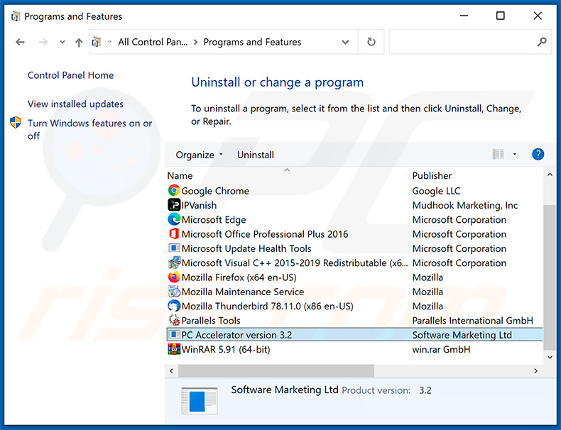 PC Accelerator adware uninstall via Control Panel