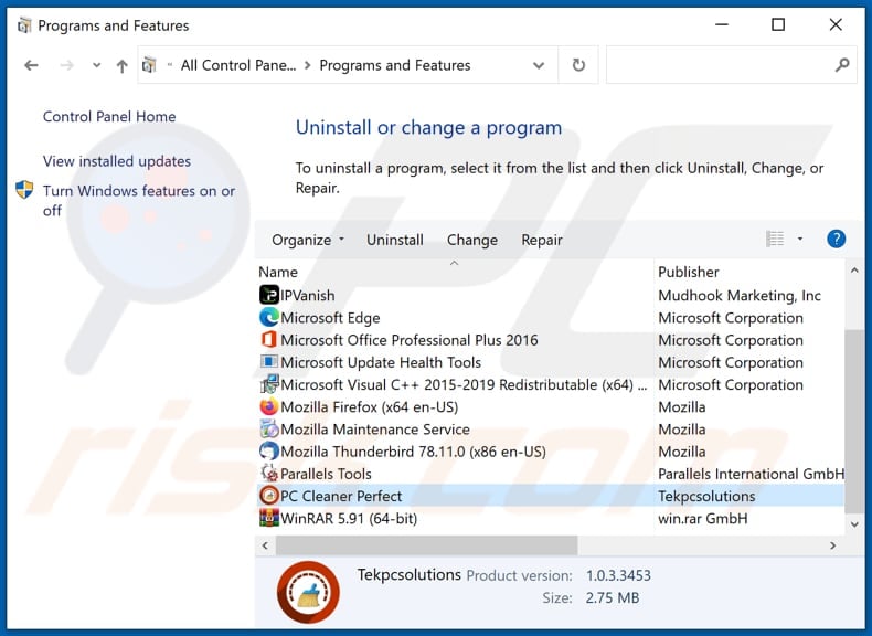 PC Cleaner Perfect adware uninstall via Control Panel