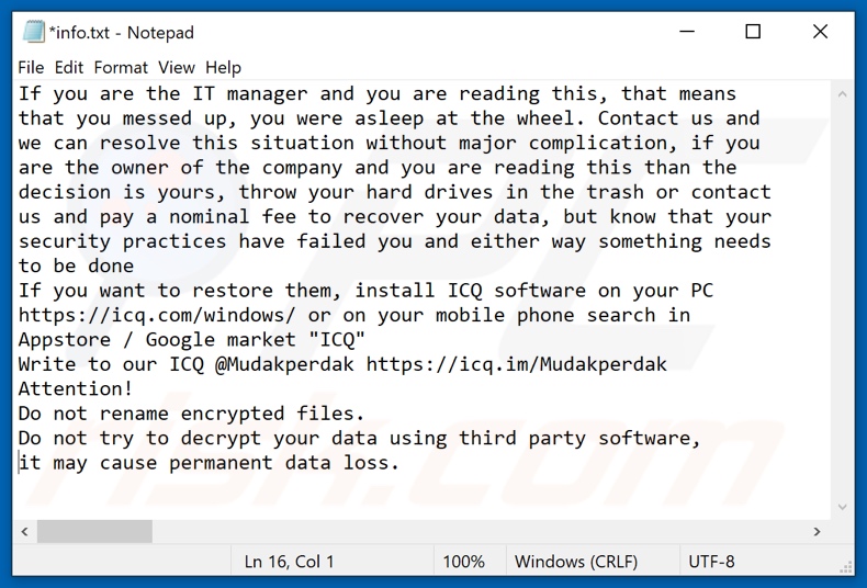 PERDAK ransomware text file (info.txt)