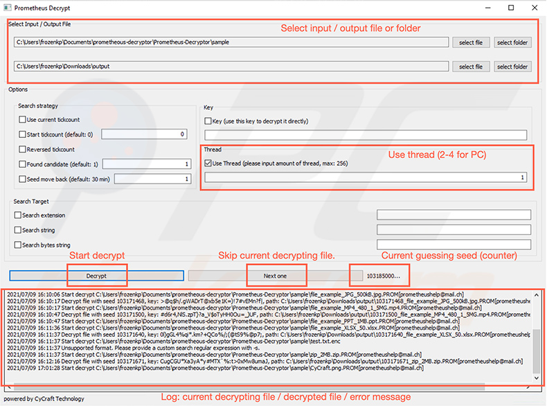 Prometheus ransomware decryptor by CyCraft Technology