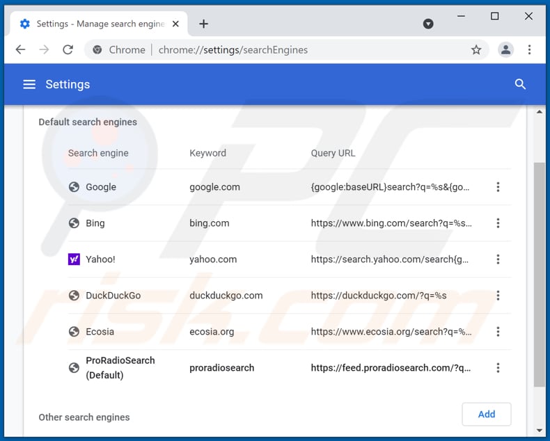 Removing proradiosearch.com from Google Chrome default search engine