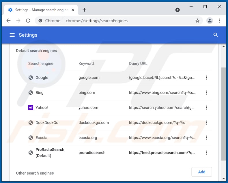 Removing proradiosearch.com from Google Chrome default search engine