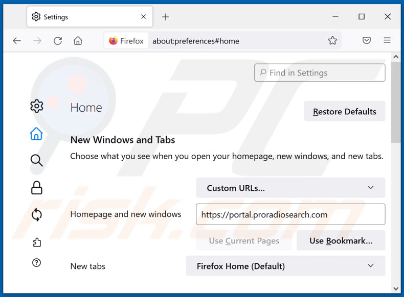 Removing proradiosearch.com from Mozilla Firefox homepage