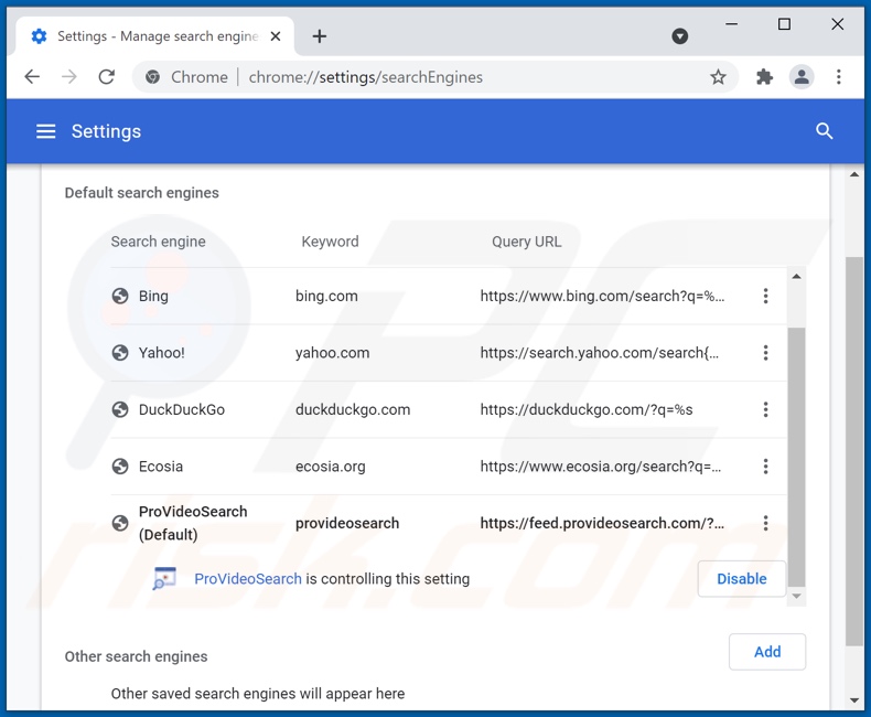 Removing provideosearch.com from Google Chrome default search engine