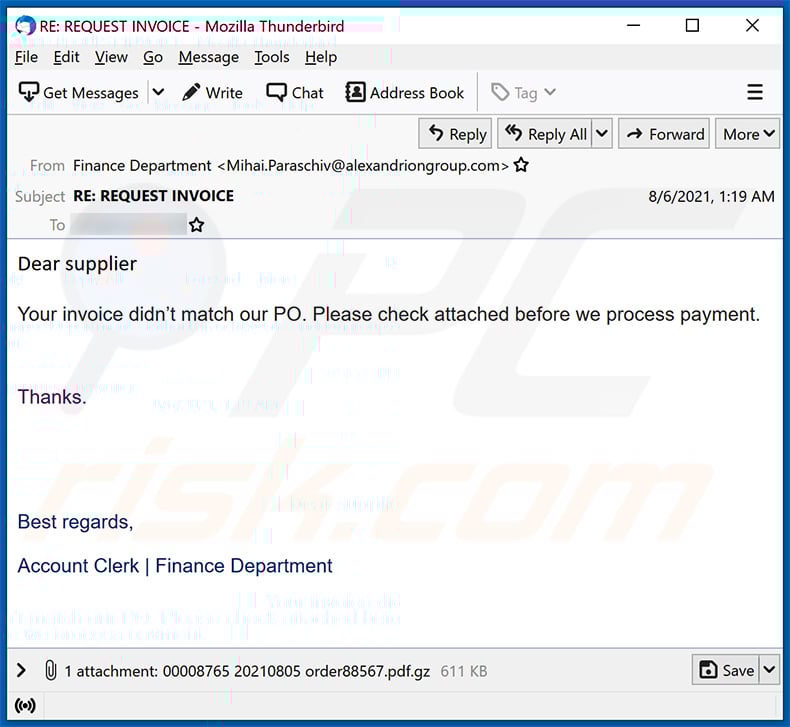 Purchase Order-themed spam email promoting FormBook malware