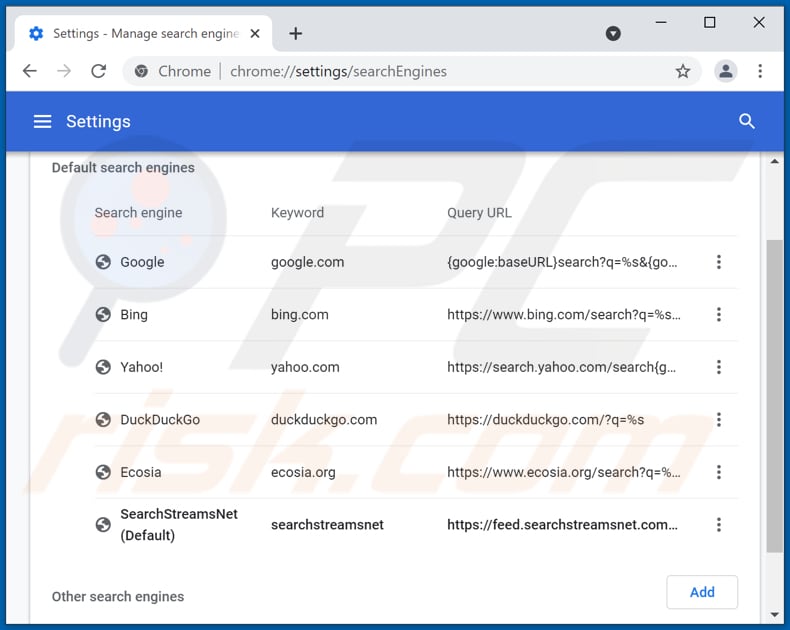 Removing searchstreamsnet.com from Google Chrome default search engine