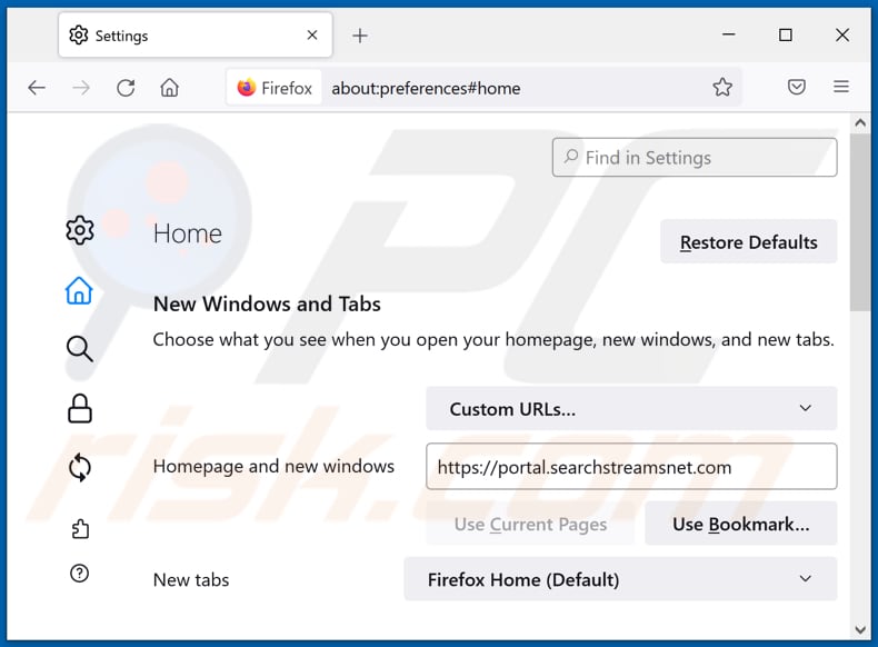 Removing searchstreamsnet.com from Mozilla Firefox homepage