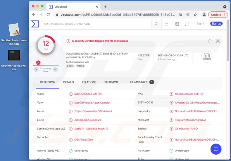 SectionAssist adware detections on VirusTotal