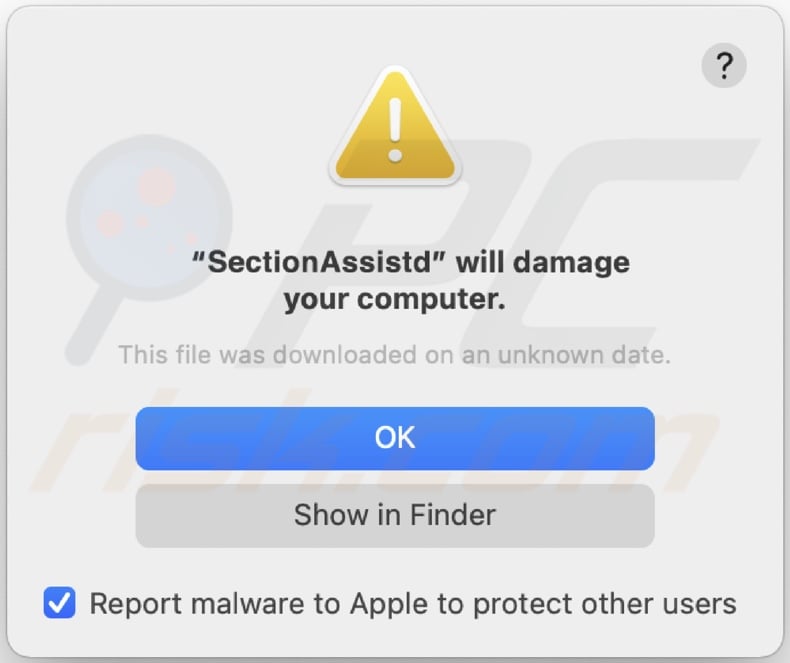 Pop-up displayed when SectionAssist adware is installed onto the device