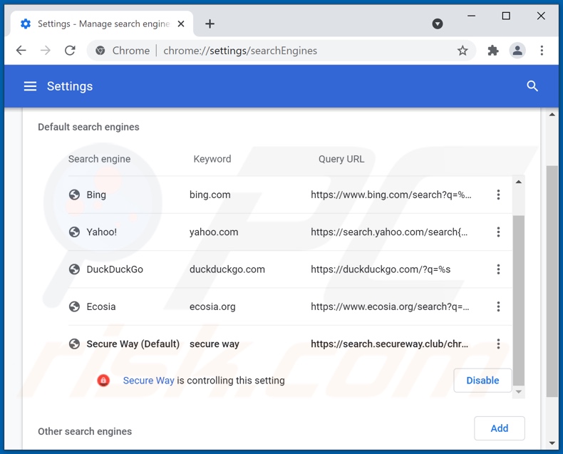 Removing search.secureway.club from Google Chrome default search engine