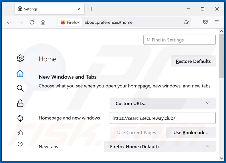 Removing search.secureway.club from Mozilla Firefox homepage