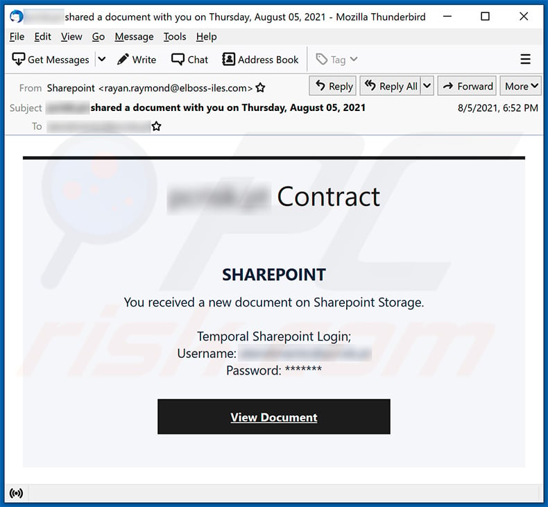 SharePoint-themed spam email used to promote a phishing website (2021-08-09)
