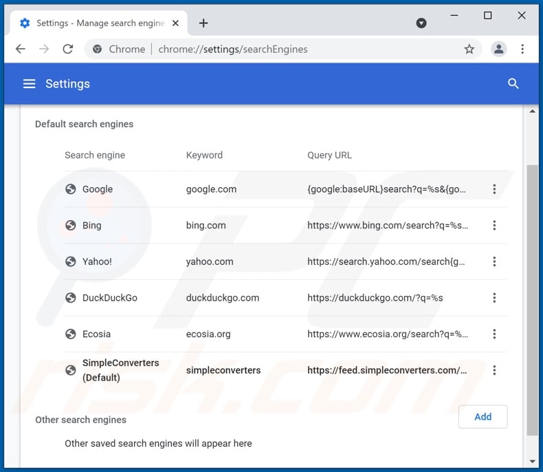 Removing simpleconverters.com from Google Chrome default search engine