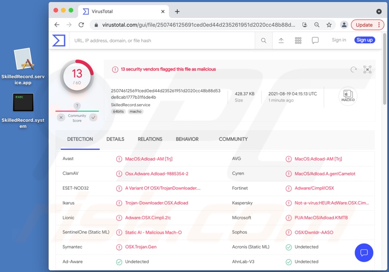 SkilledRecord adware detections on VirusTotal