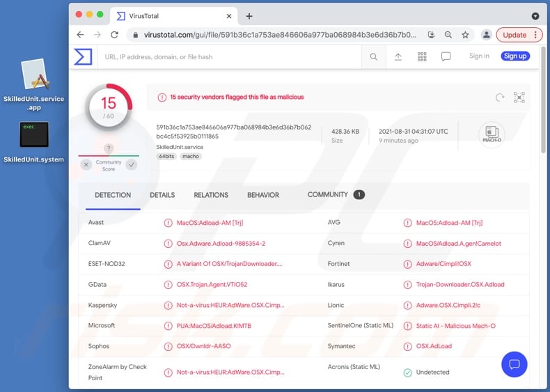 SkilledUnit adware detections on VirusTotal