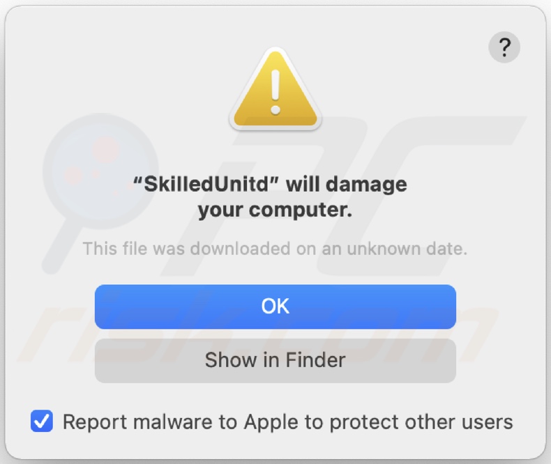Pop-up displayed when SkilledUnit adware is detected on the system