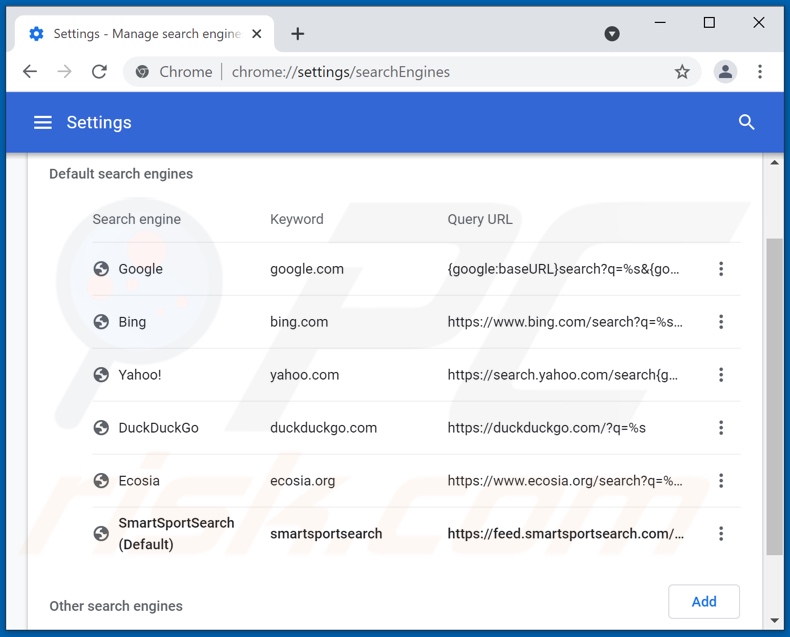 Removing smartsportsearch.com from Google Chrome default search engine