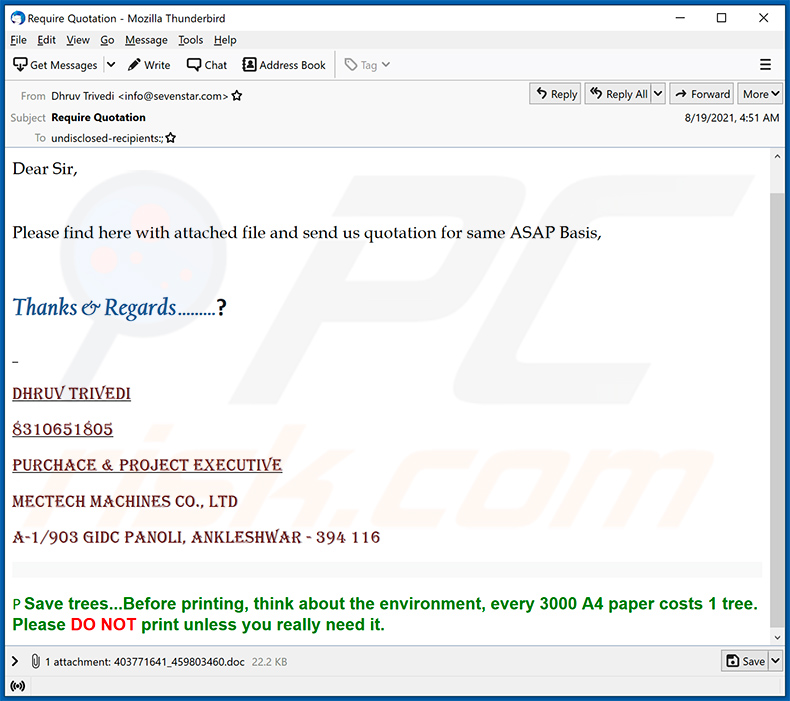 Quotation-themed spam email spreading Snake keylogger