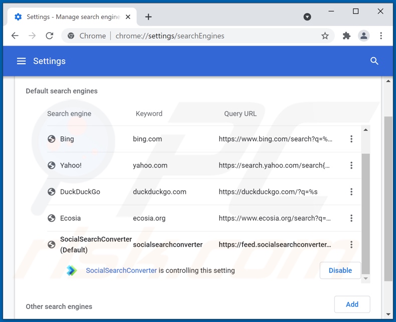 Removing socialsearchconverter.com from Google Chrome default search engine