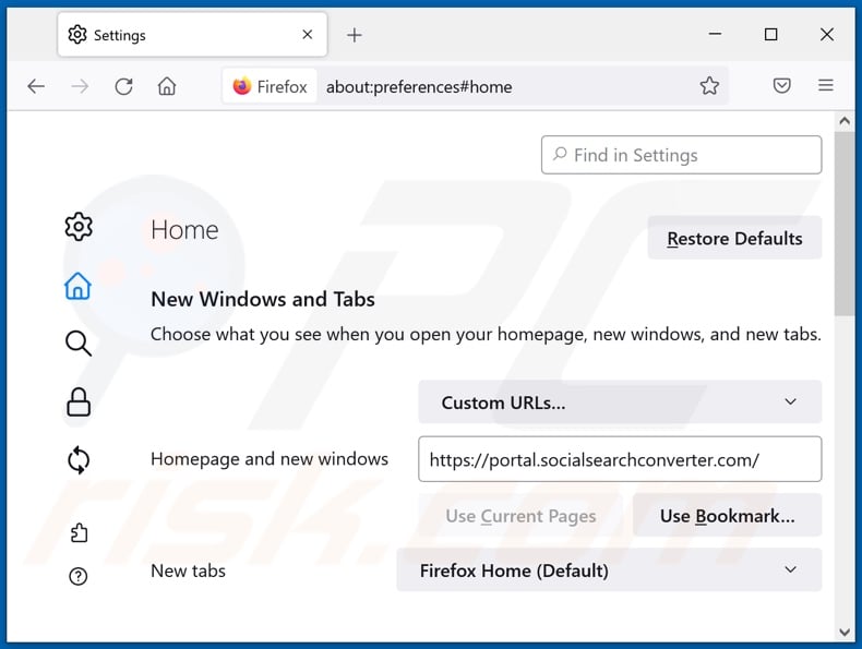 Removing socialsearchconverter.com from Mozilla Firefox homepage