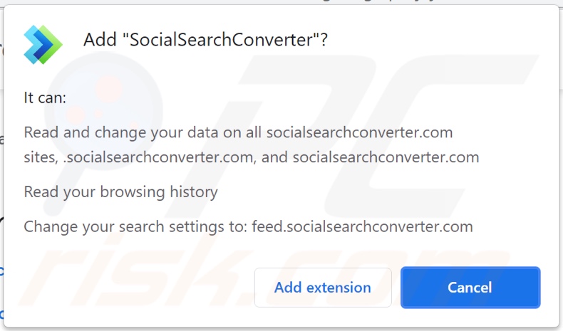 SocialSearchConverter browser hijacker asking for permissions