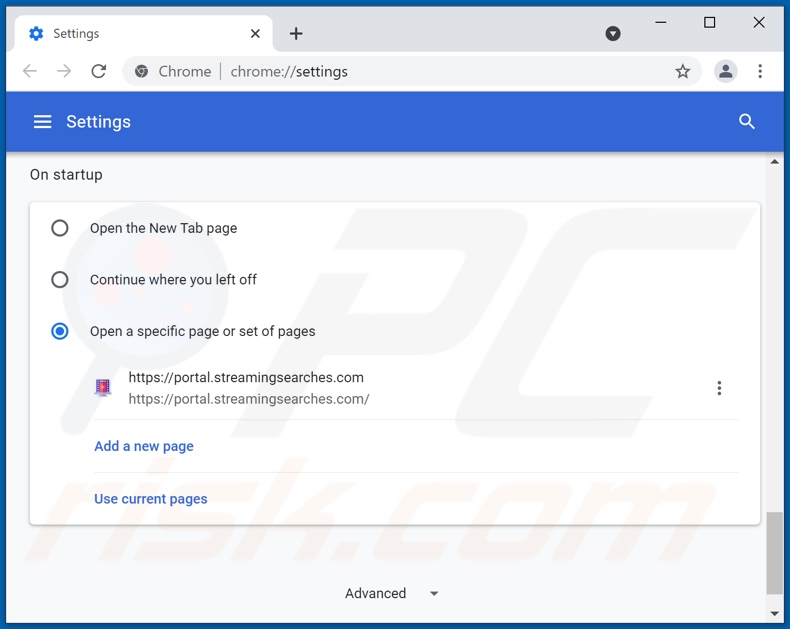 Removing streamingsearches.com from Google Chrome homepage