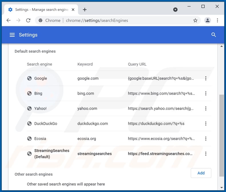 Removing streamingsearches.com from Google Chrome default search engine