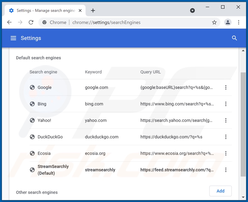 Removing streamsearchly.com from Google Chrome default search engine