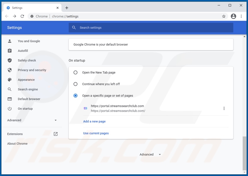 Removing streamssearchclub.com from Google Chrome homepage