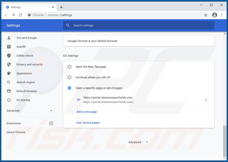 Removing streamssearchclub.com from Google Chrome homepage