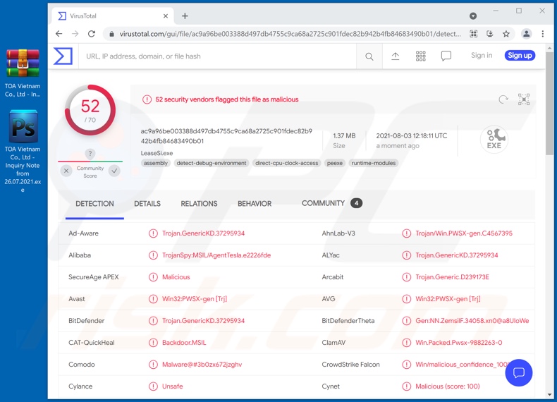 TOA Vietnam Co. email virus attachment detections (TOA Vietnam Co., Ltd - Inquiry Note from 26.07.2021.rar - filename)