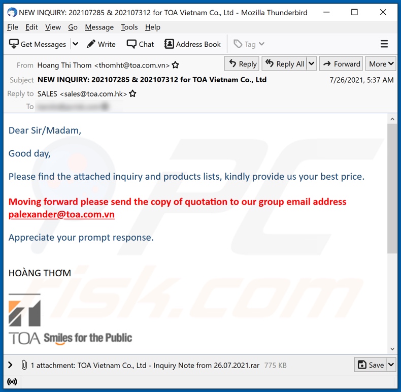 TOA Vietnam Co. malware-spreading email spam campaign