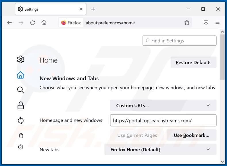 Removing topsearchstreams.com from Mozilla Firefox homepage