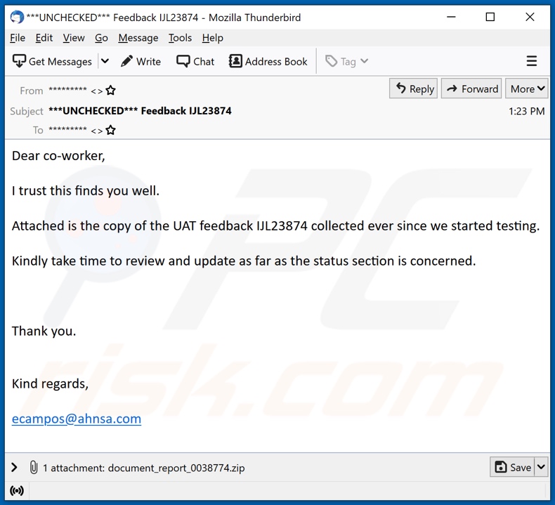 UAT Feedback malware-spreading email spam campaign