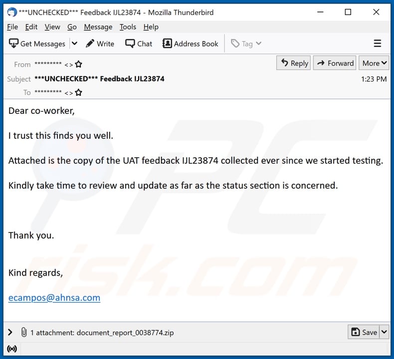 UAT Feedback malware-spreading email spam campaign