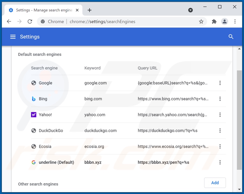 Removing bbbn.xyz from Google Chrome default search engine