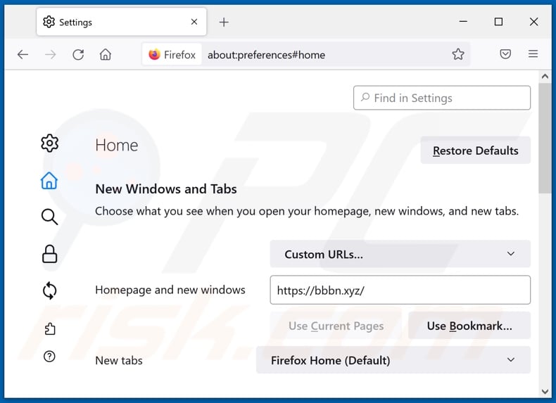 Removing bbbn.xyz from Mozilla Firefox homepage