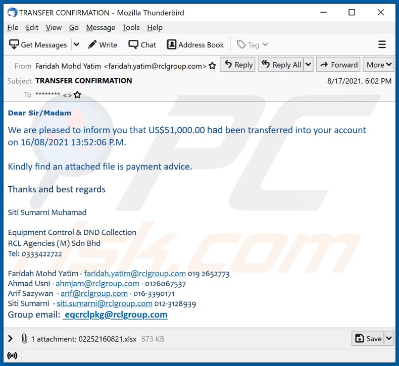 US$51,000.00 had been transferred into your account email virus