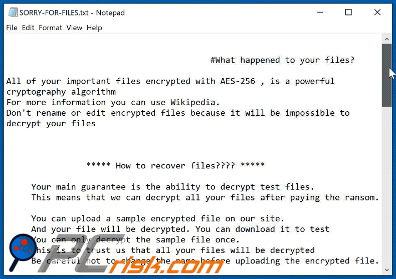 venomous ransomware SORRY-FOR-FILES.txt ransom note in gif